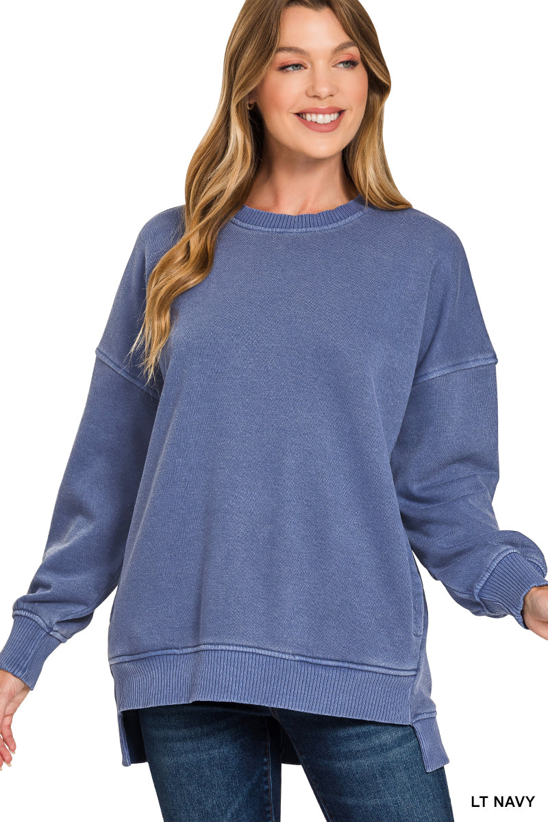 Pigment dye fleece hi-low hem pullover with pocket