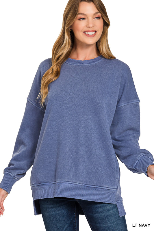 Pigment dye fleece hi-low hem pullover with pocket