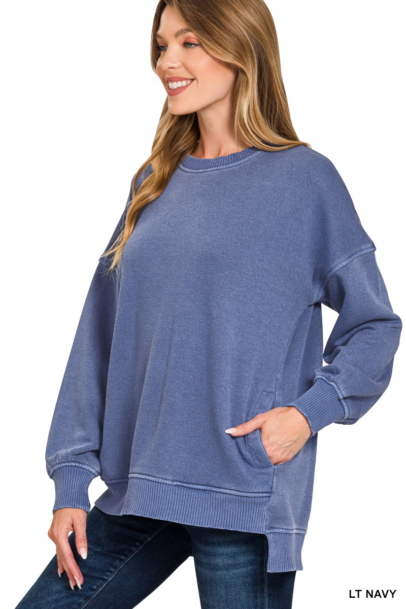 Pigment dye fleece hi-low hem pullover with pocket