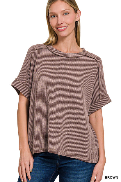 Raised Rib Cuff Sleeve Raw Edge Top