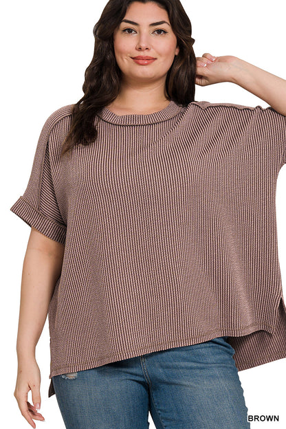 Raised Rib Cuff Sleeve Raw Edge Top