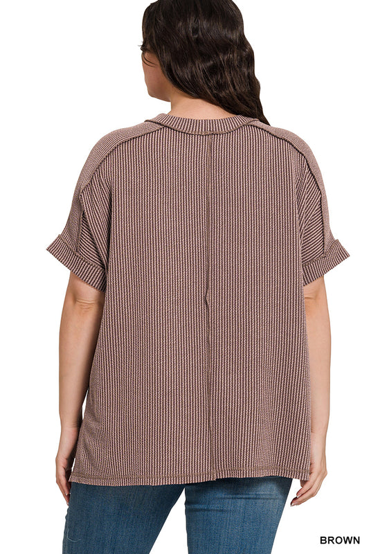 Raised Rib Cuff Sleeve Raw Edge Top