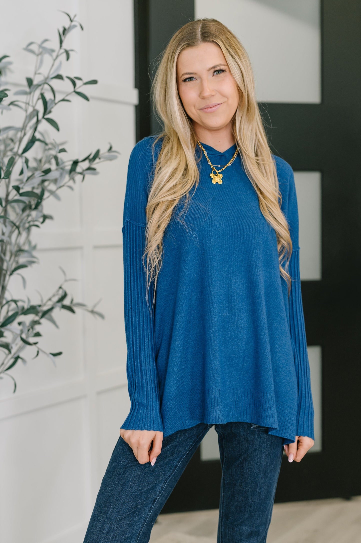 Running Late Hooded Long Sleeve in Light Navy