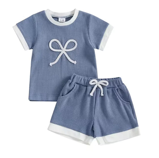PREORDER: Blue Waffle Knit Bow Short Set (Ships 2-5 weeks)