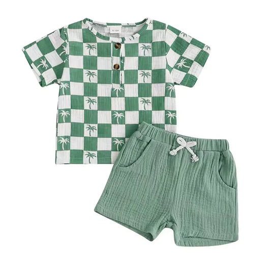 PREORDER: Green Muslin Palm Tree Chex Short Set (Ships 2-5 weeks)