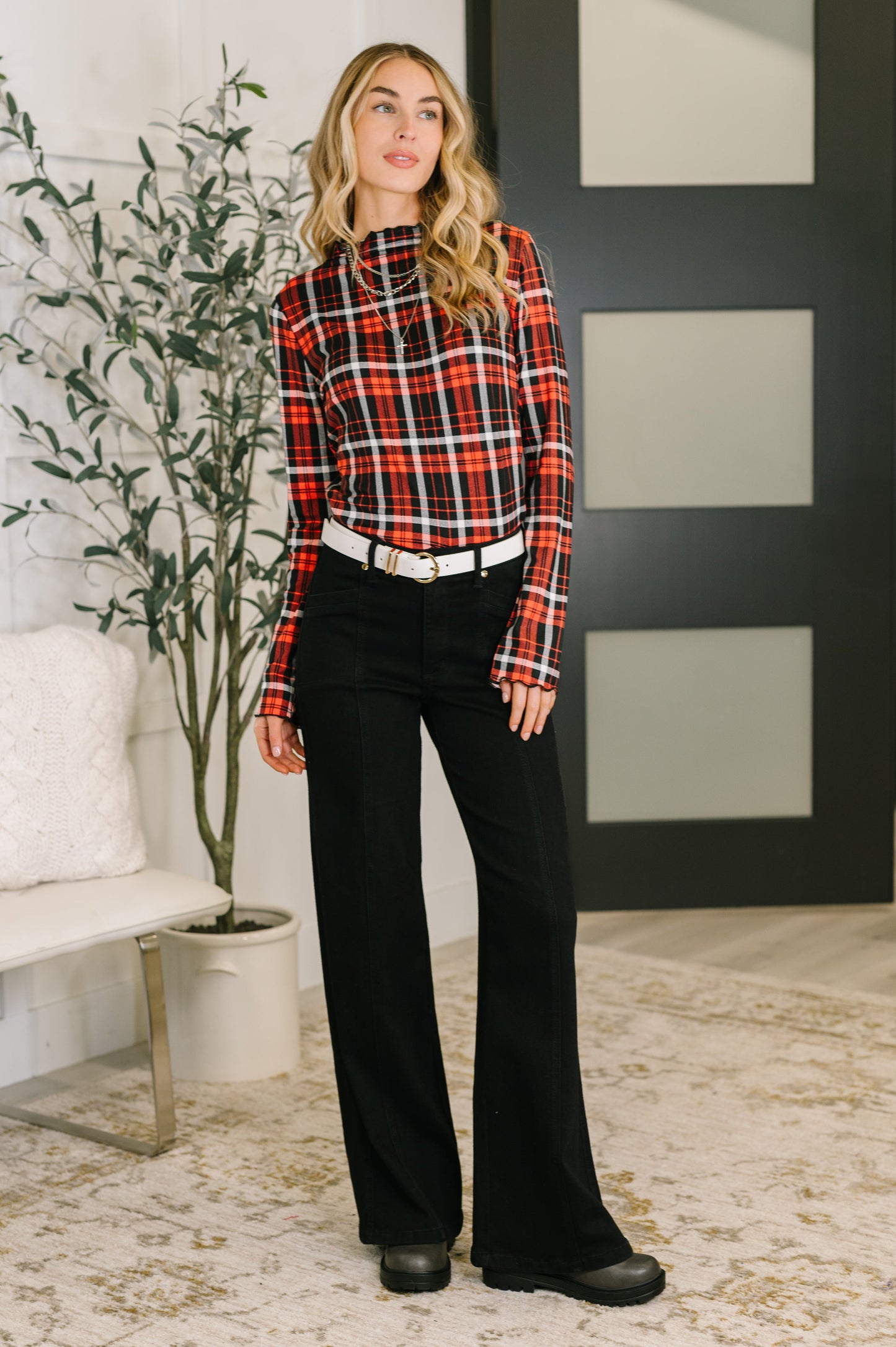 She's Always Changing Plaid Lettuce Hem Top