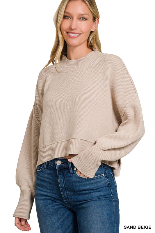 Zenana Side Slit Oversized Cropped Sweater