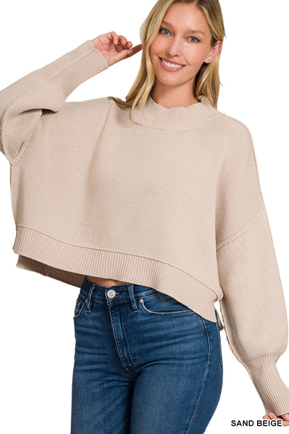 Zenana Side Slit Oversized Cropped Sweater