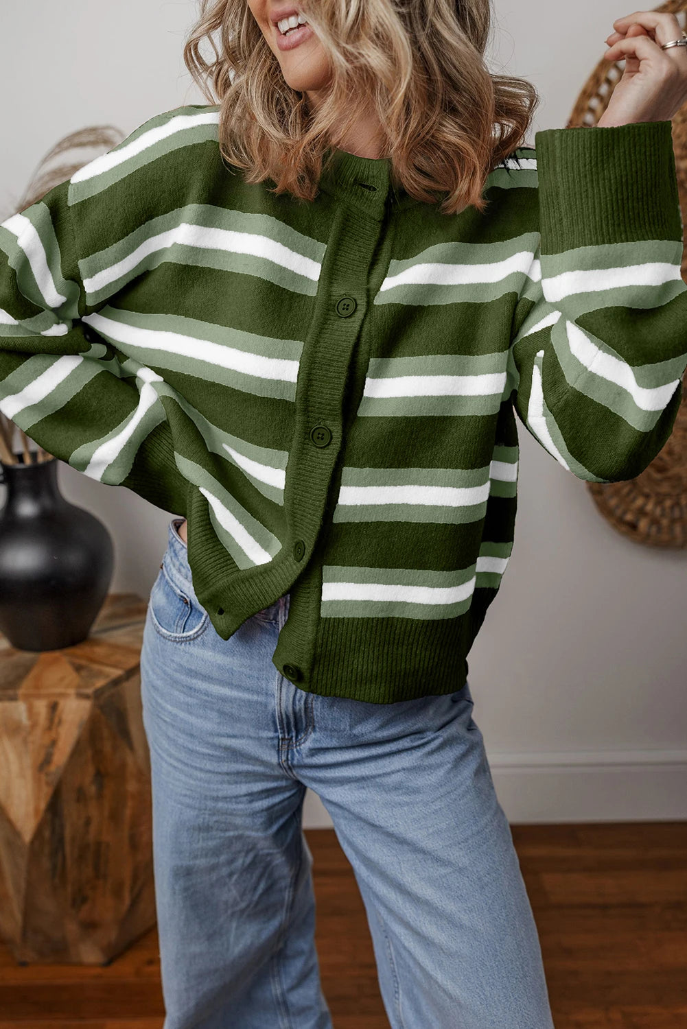 PREORDER: Green Stripe Drop Shoulder Buttons Cardigan Sweater (Ships 21-28 Business Days)