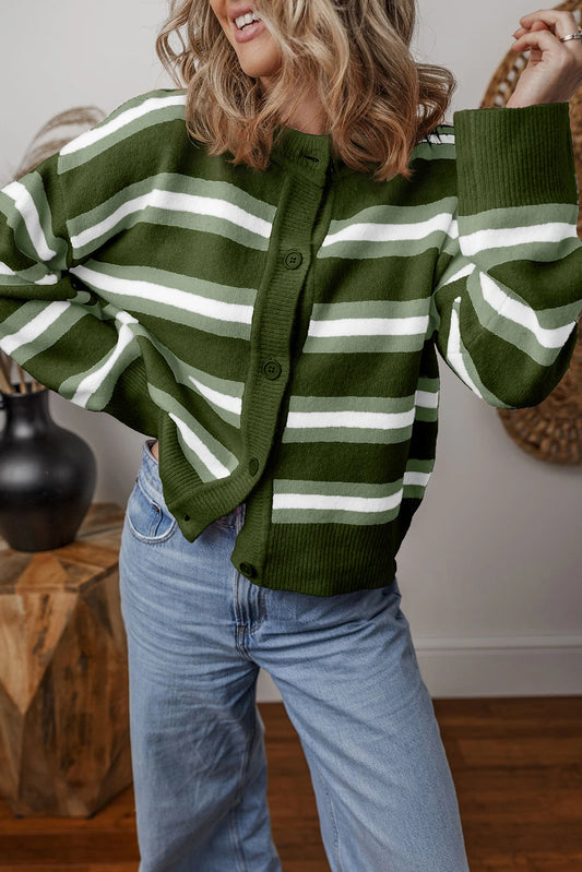 PREORDER: Green Stripe Drop Shoulder Buttons Cardigan Sweater (Ships 21-28 Business Days)