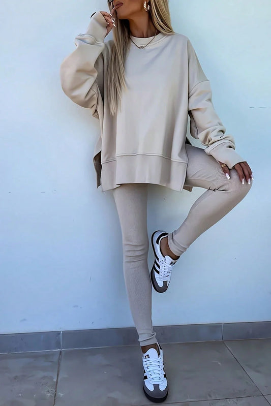 PREORDER: Oversize Slit Sweatshirt Ribbed Leggings 2pcs Set (Ships 3-4 Weeks)