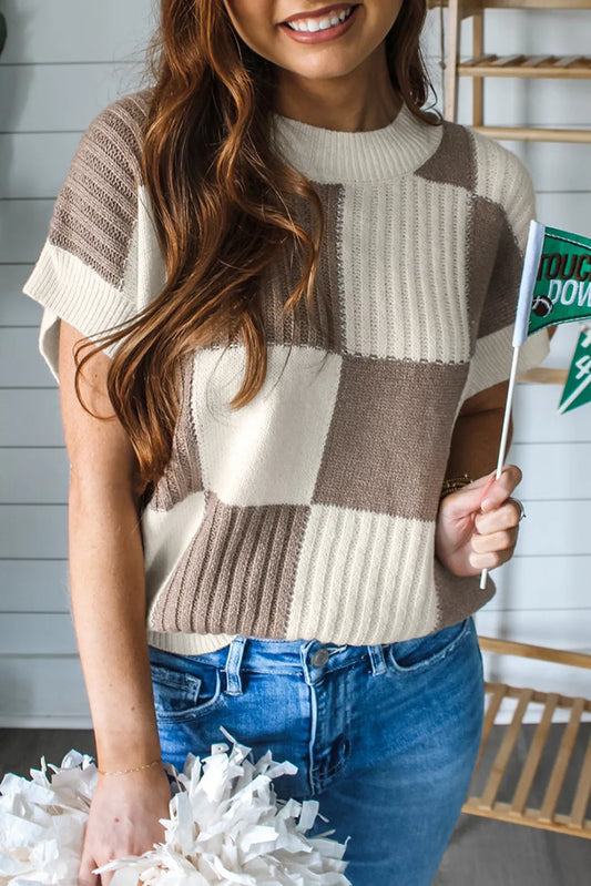 PREORDER: Khaki Checkered Short Sleeve Sweater (Ships 2-4 weeks)