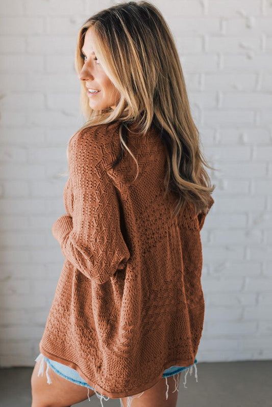 PREORDER: Redwood Burl Mix Pattern Hollowed Knit Open Front Cardigan (Ships 3-4 Weeks)