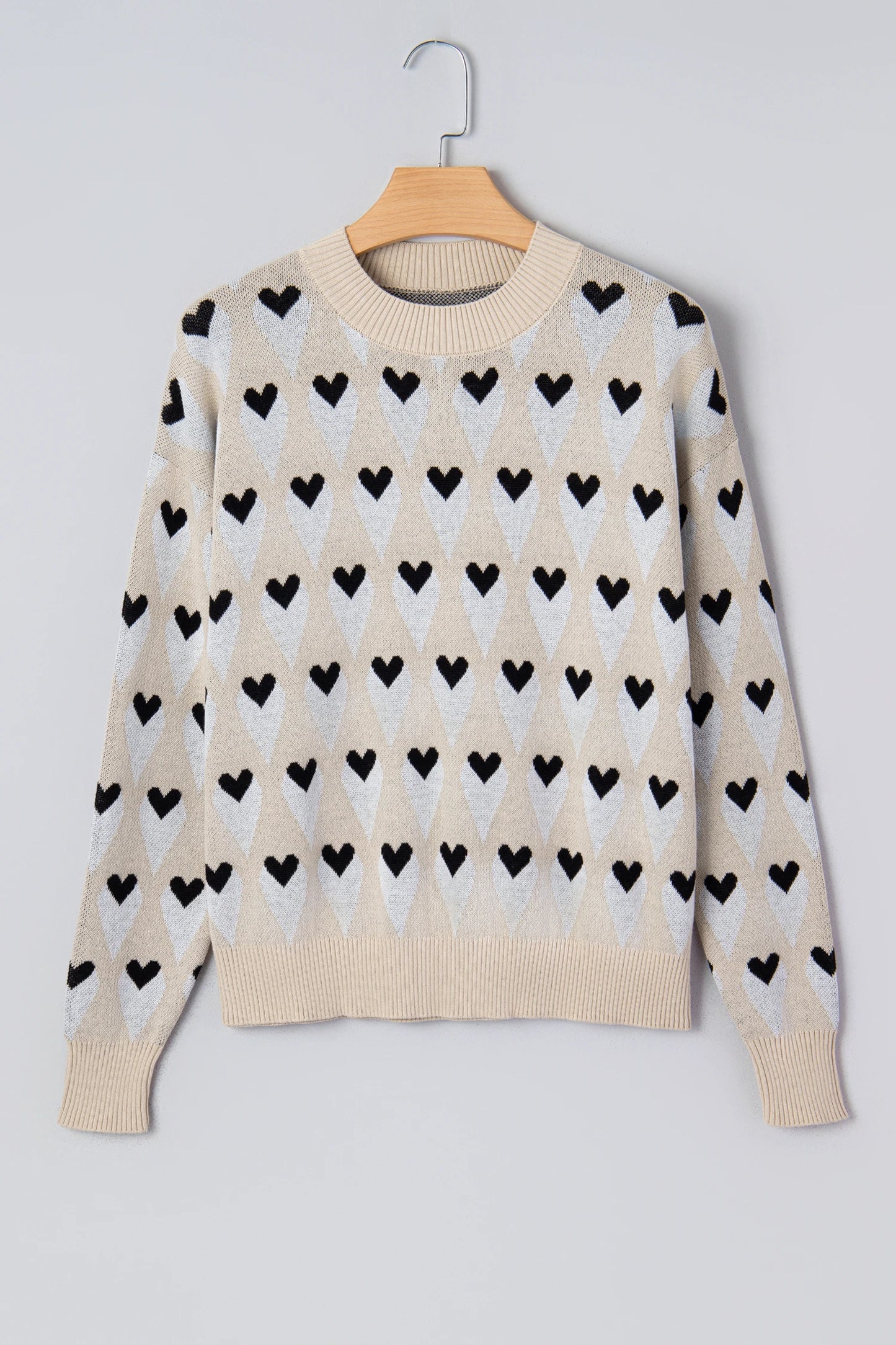 PREORDER: Parchment Geometric Heart Print Ribbed Trim Loose Sweater (Ships 21-28 Business Days)