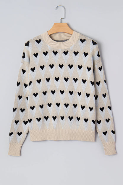 PREORDER: Parchment Geometric Heart Print Ribbed Trim Loose Sweater (Ships 21-28 Business Days)