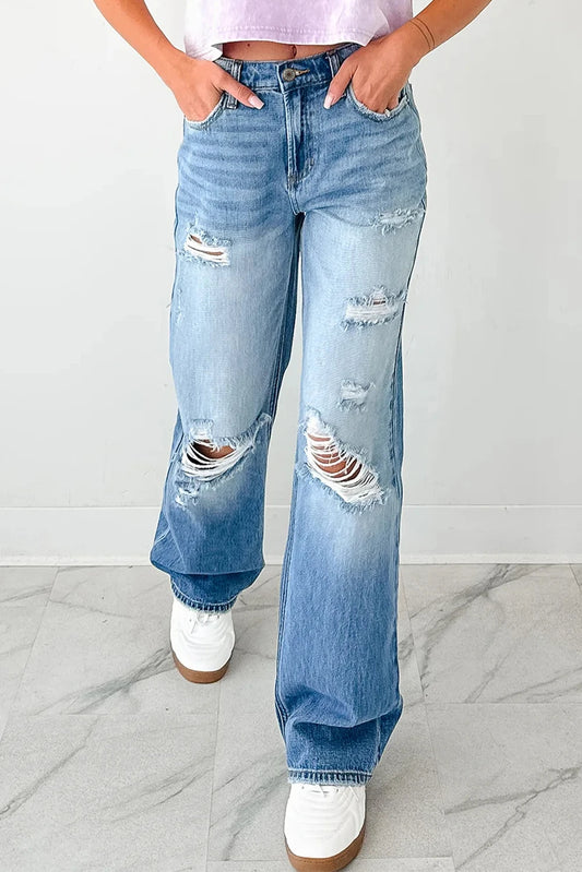 PREORDER: Mid Rise Distressed Sneak Peek Straight Leg Jeans (Ships in 21-28 Business Days)