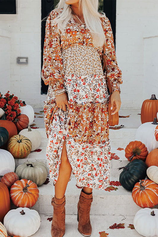 PREORDER: Khaki Floral Print Ruffled Tiered Long Sleeve V Neck Midi Dress (Ships 3-4 Weeks)