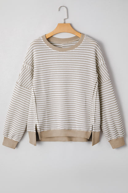PREORDER: Brown Stripe Ribbed Trim Drop Shoulder Long Sleeve Oversize Top (Ships 3-4 Weeks)