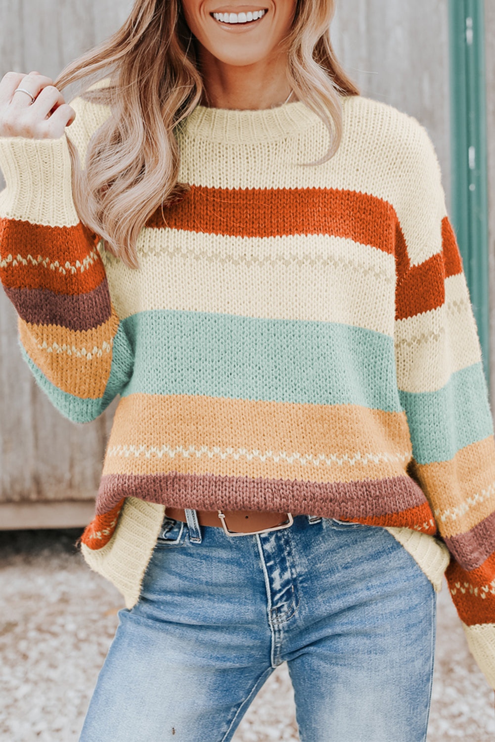 PREORDER: Crew Neck Drop-shoulder Striped Color Block Sweater (Ships 3-4 Weeks)