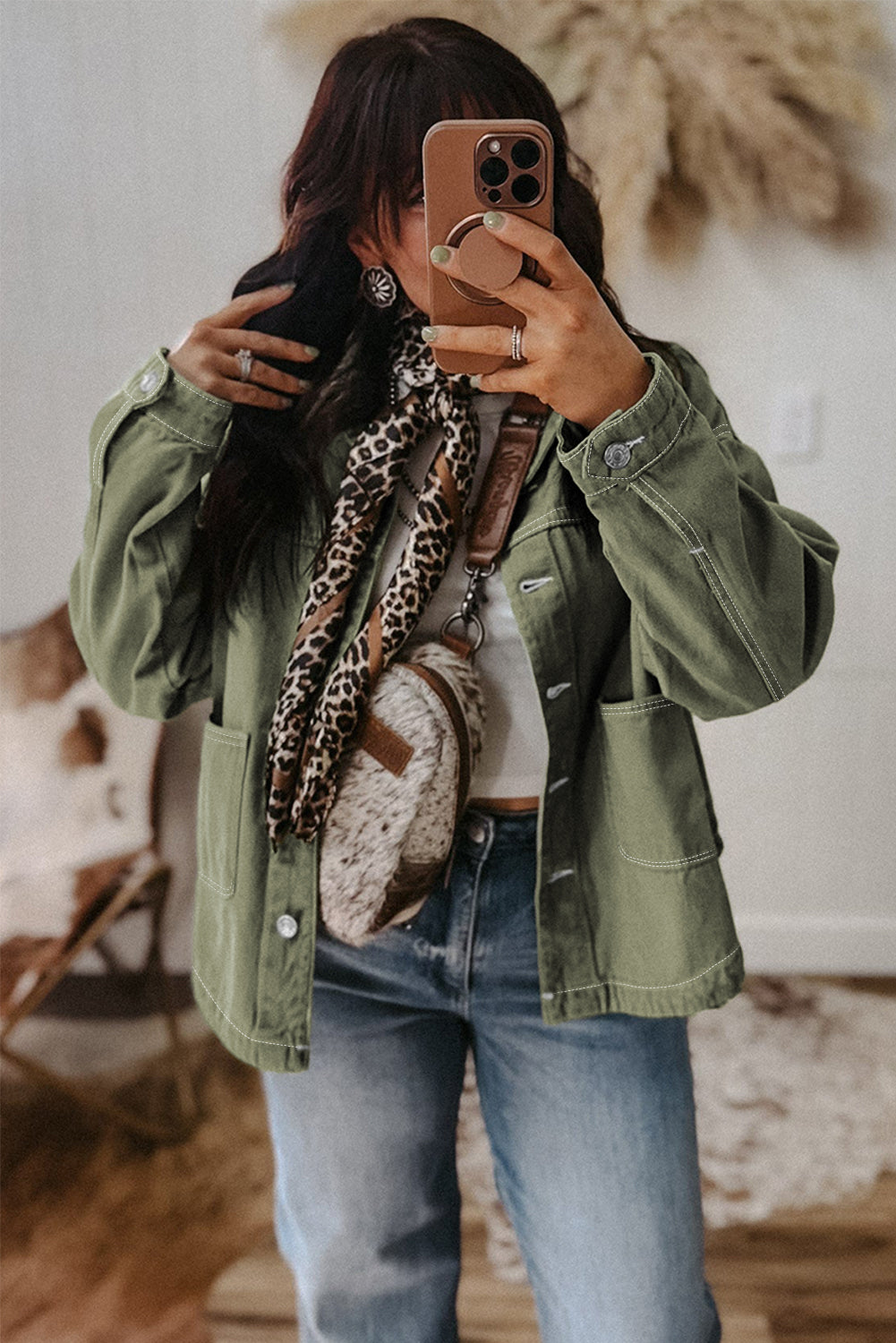 PREORDER: Green Patched Pocket Boyfriend Denim Jacket (Ships 3-4 Weeks)