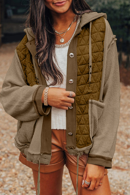 PREORDER: Quilted Textured Patchwork Loose Fit Hooded Jacket (Ships 21-28 Business Days)