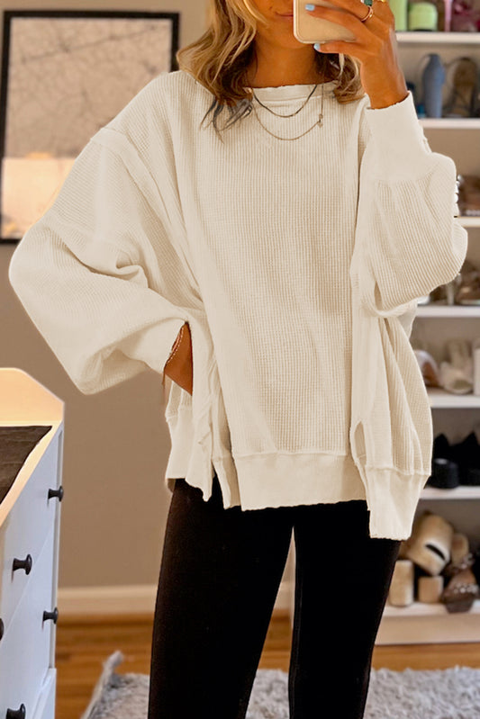 PREORDER: Waffle Knit Bishop Sleeve Split Oversized Top (Ships 3-4 Weeks)