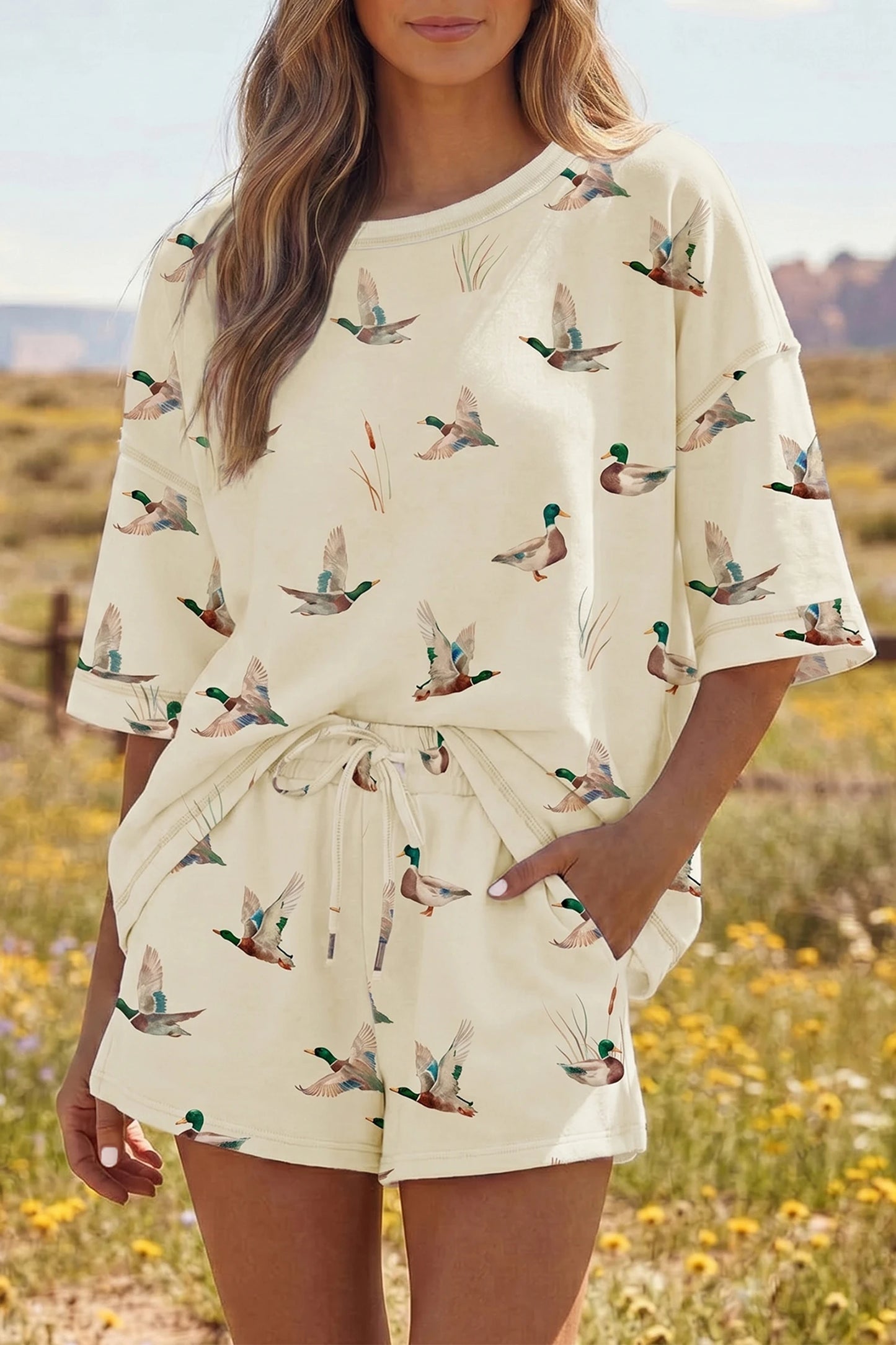 PREORDER: Beige Mallard Duck Print Oversized Tee Drawstring Short Set (Ships 21-28 Business Days)