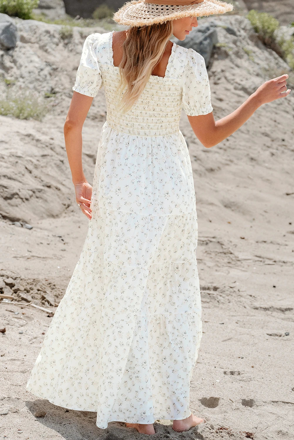 PREORDER: White Frilly Shirred Bodice Tiered Floral Maxi Dress (Ships 21-28 Business Days)
