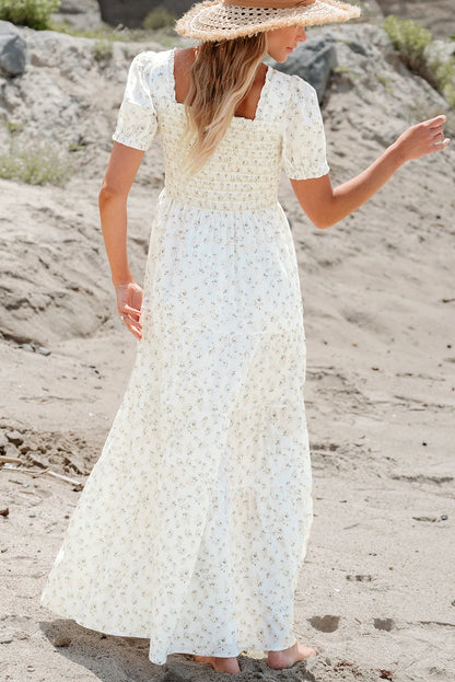 PREORDER: White Frilly Shirred Bodice Tiered Floral Maxi Dress (Ships 21-28 Business Days)