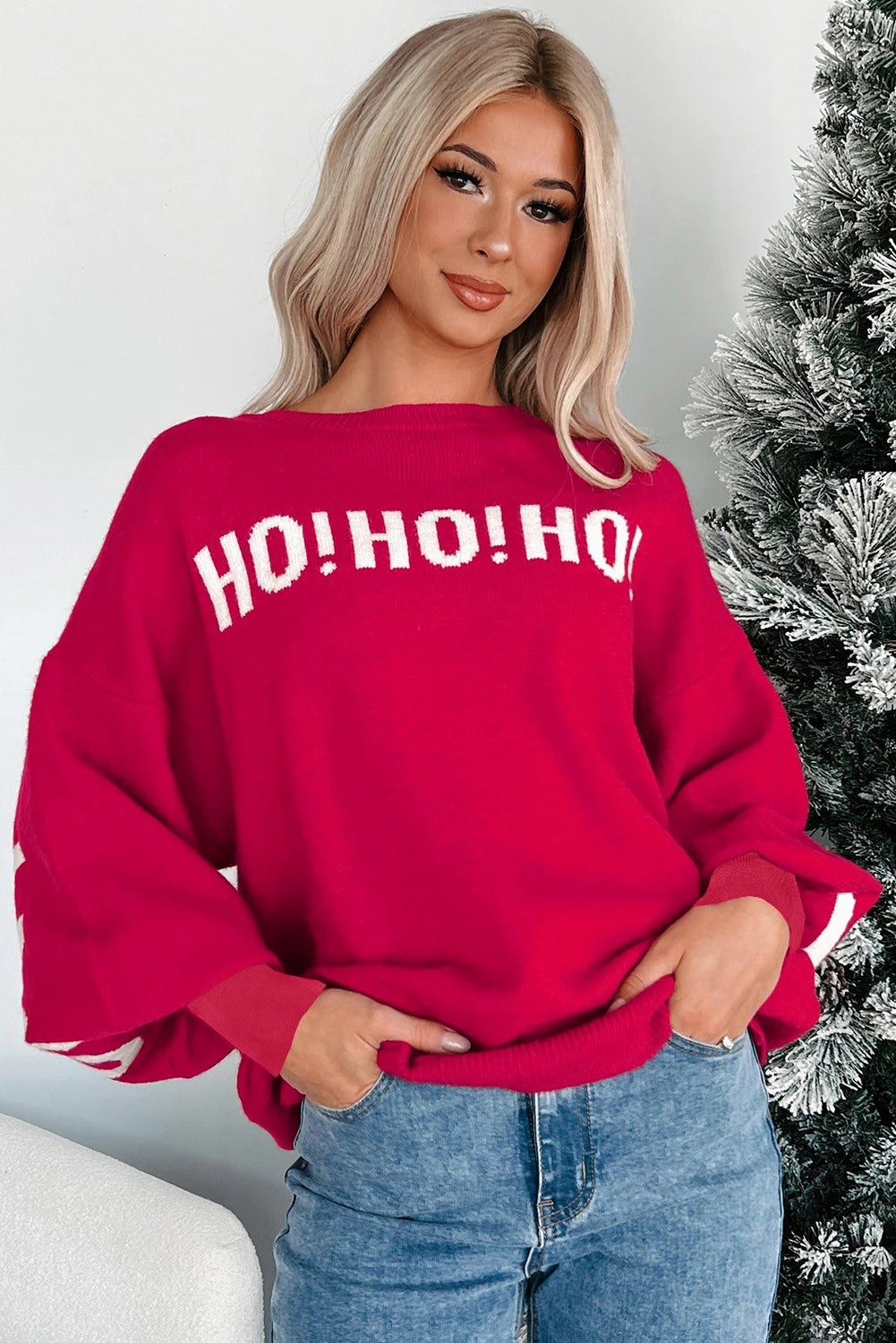 PREORDER: Fiery Red HO HO HO MERRY CHRISTMAS Drop Shoulder Loose Sweater (Ships 21-28 Business Days)