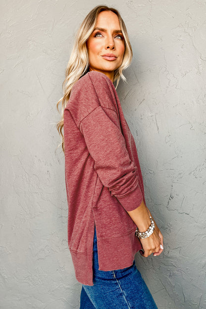 PREORDER: Red Side Slits V Neck Loose Fit Tunic Top (Ships 2-4 Weeks)
