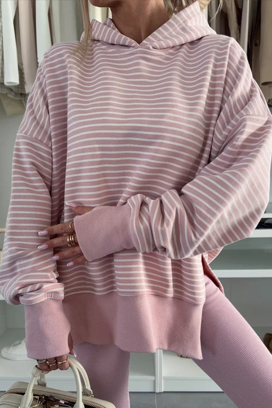 PREORDER: Purple Stripe Thumbhole Side Slits Drop Shoulder Loose Fit Hoodie (Ships 3-4 Weeks)