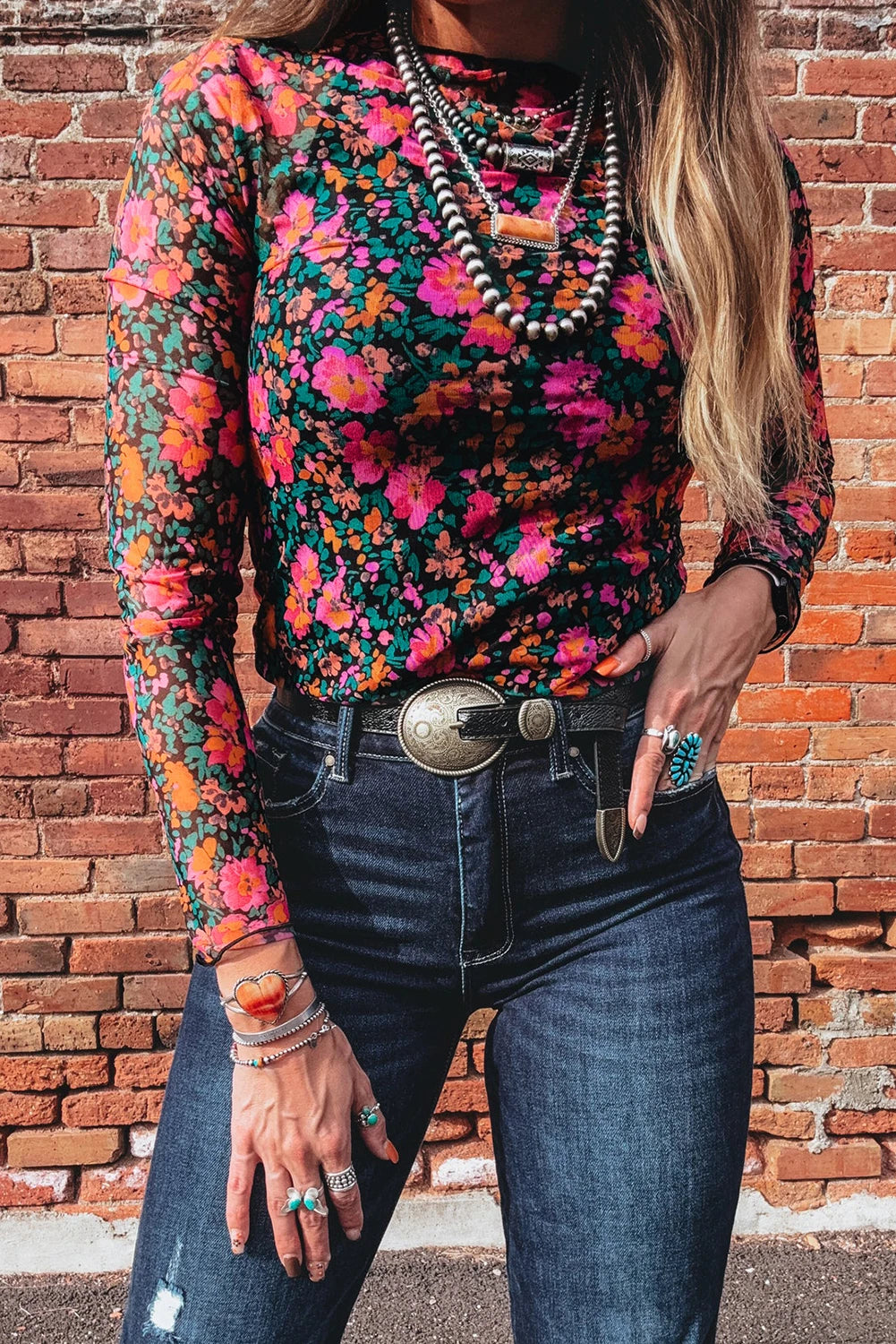 Viral Vintage Floral Print Mesh Long Sleeve Top