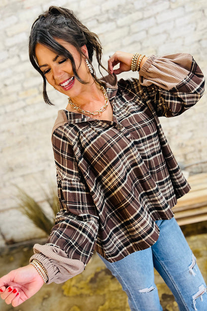 PREORDER: Brown Plaid Patchwork Long Sleeve Button Hooded Blouse (Ships 3-4 Weeks)