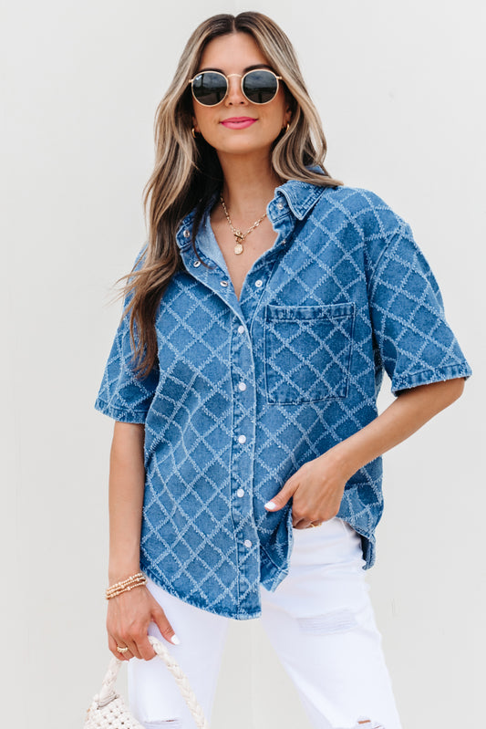 PREORDER: Dusk Blue Checkered Textured Short Sleeve Patched Pocket Denim Shirt (Ships 2-4 weeks)