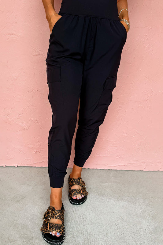 PREORDER: Black Elastic High Waist Pocketed Cargo Jogger Pants (Ships 3-4 Weeks)