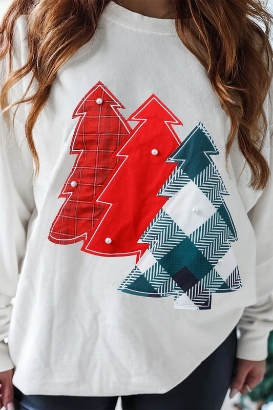 PREORDER: White Pearl Plaid Christmas Tree Patched Drop Shoulder Sweatshirt (Ships 21-28 Business Days)