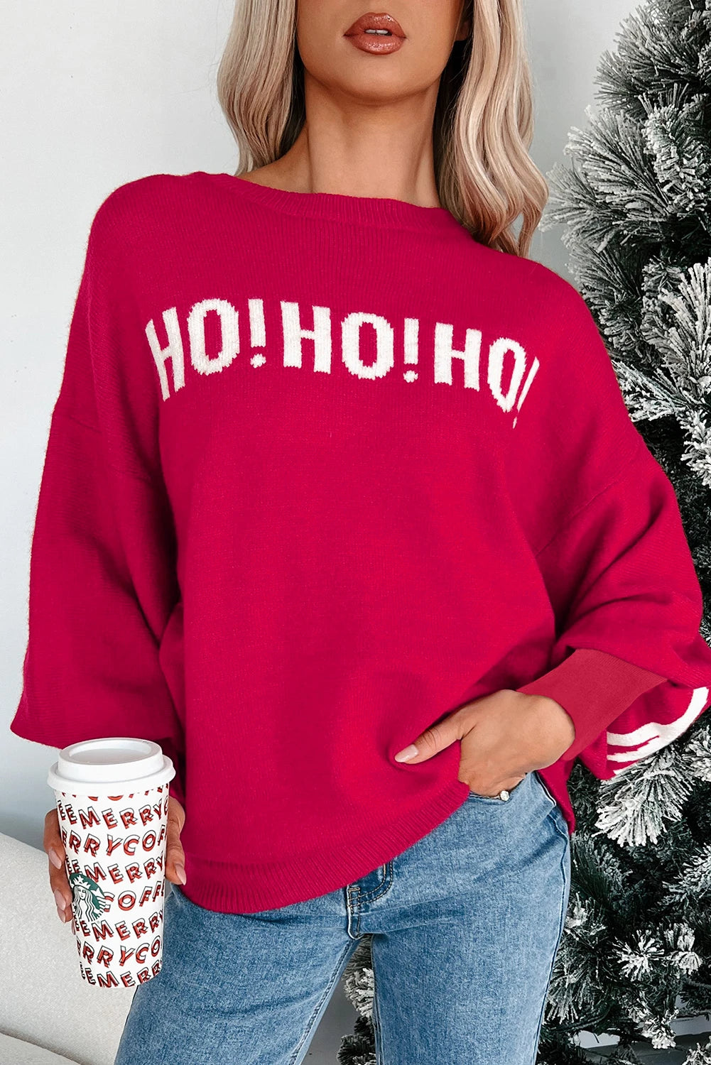 PREORDER: Fiery Red HO HO HO MERRY CHRISTMAS Drop Shoulder Loose Sweater (Ships 21-28 Business Days)