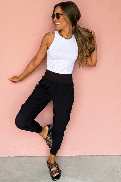 PREORDER: Black Elastic High Waist Pocketed Cargo Jogger Pants (Ships 3-4 Weeks)