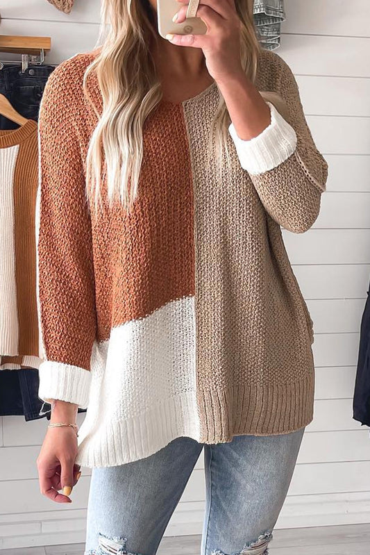 PREORDER: Chestnut Color Block Knit V Neck Loose Sweater (Ships 3-4 Weeks)