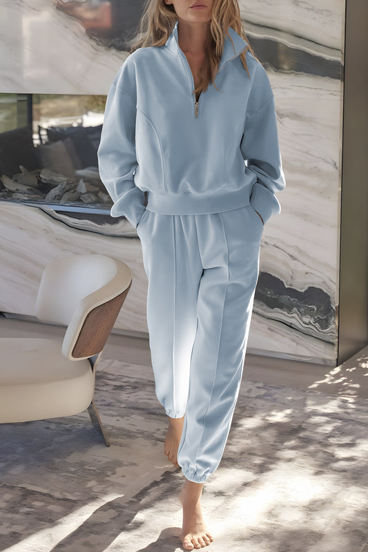 PREORDER: Sky Blue Half Zip up Pullover Active Top and Joggers Set (Ships 3-4 Weeks)
