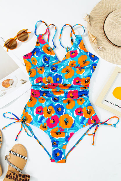 PREORDER: Sky Blue Adjustable Straps Ribbed Knit One Piece Swimsuit (Ships 2-5 weeks)
