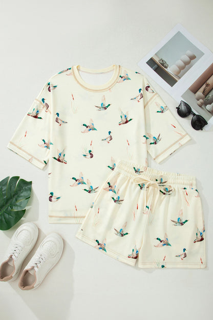 PREORDER: Beige Mallard Duck Print Oversized Tee Drawstring Short Set (Ships 21-28 Business Days)