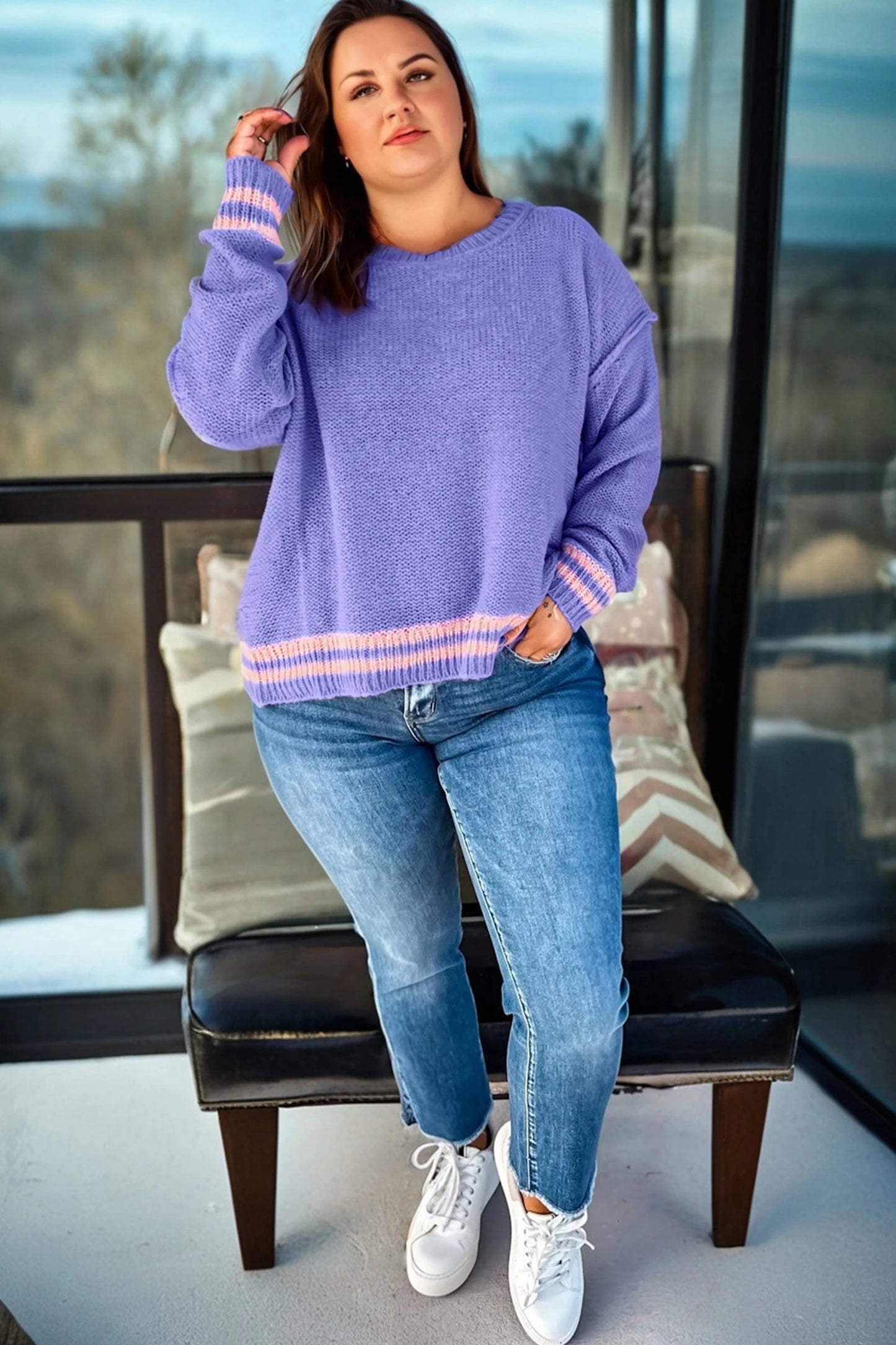 PREORDER: Wisteria Plus Size Striped Trim Drop Shoulder Knit Loose Sweater (Ships 21-28 Business Days) (Copy)