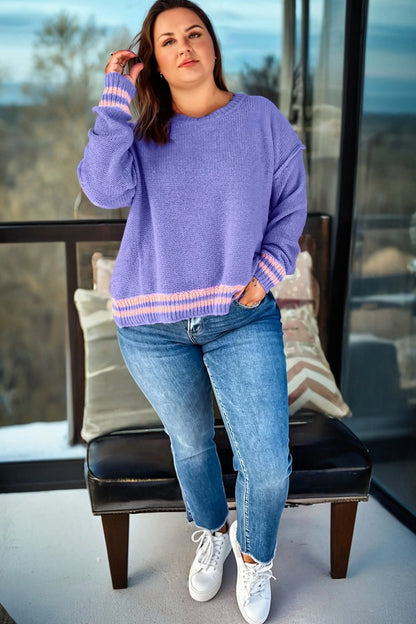 PREORDER: Wisteria Plus Size Striped Trim Drop Shoulder Knit Loose Sweater (Ships 21-28 Business Days) (Copy)