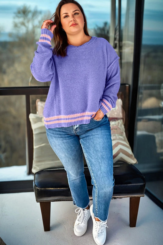 PREORDER: Wisteria Plus Size Striped Trim Drop Shoulder Knit Loose Sweater (Ships 21-28 Business Days) (Copy)