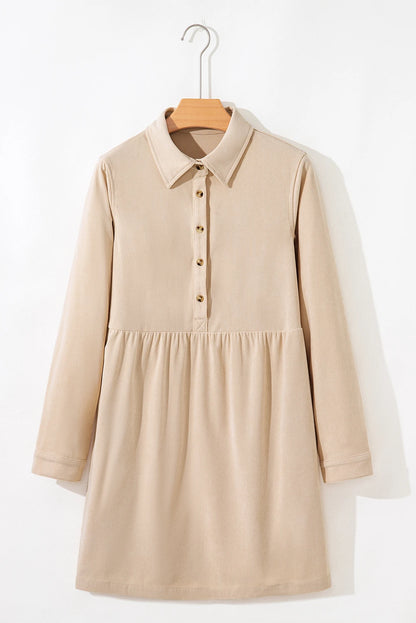 PREORDER: Oatmeal Corduroy Half Button Collared Long Sleeve Mini Dress (Ships 21-28 Business Days)