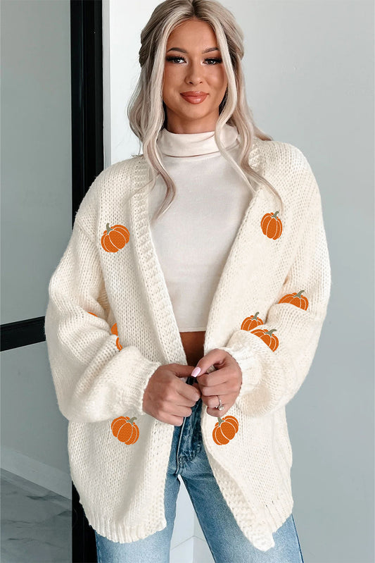 PREORDER: White Pumpkin Print Open Front Drop Shoulder Midi Cardigan (Ships 3-4 Weeks)