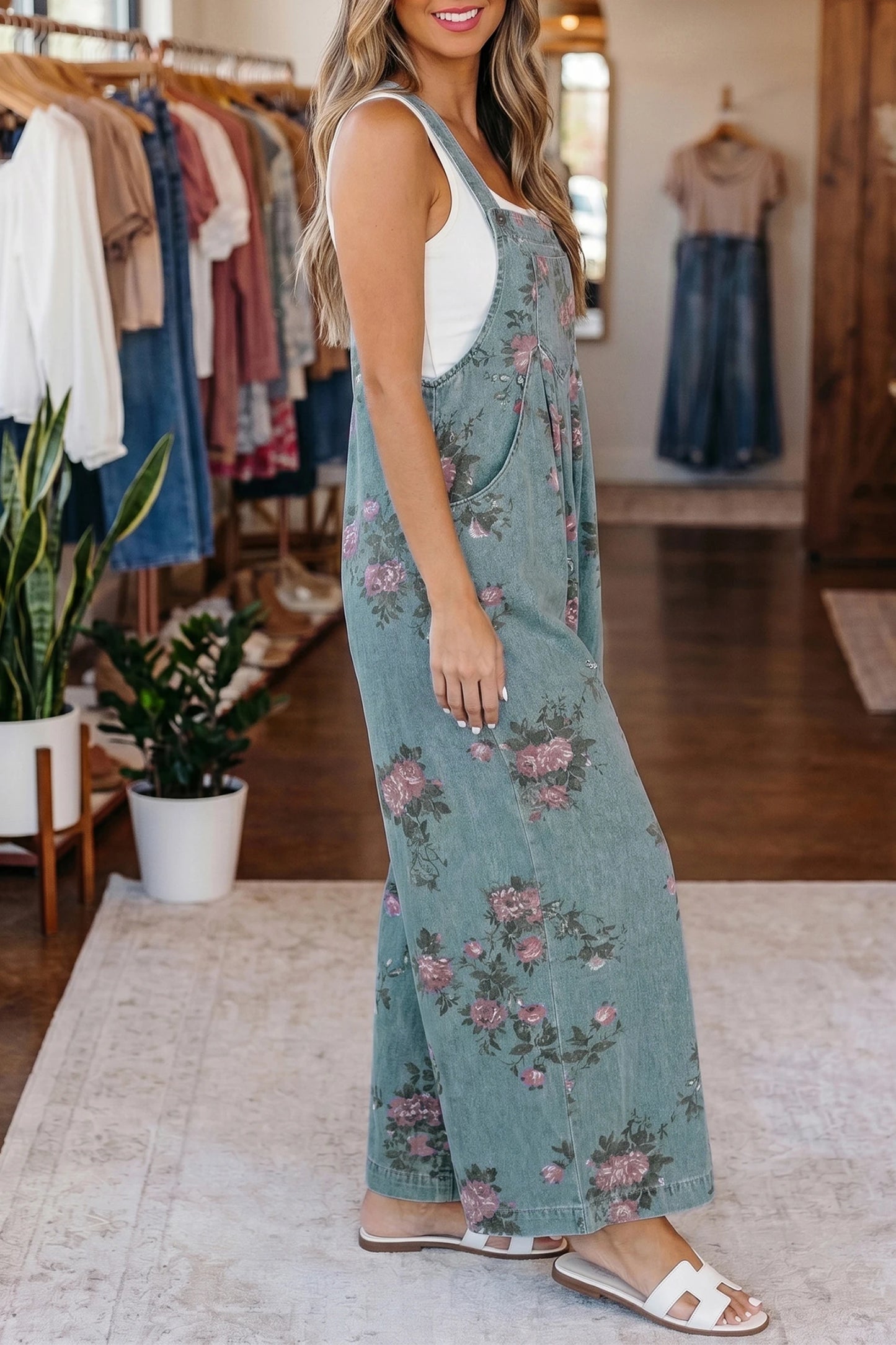 PREORDER: Beau Blue Floral Print Pleated High Waist Wide Leg Denim Jumpsuit (Ships 21-28 Business Days)