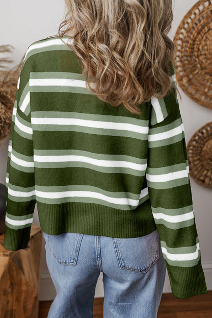 PREORDER: Green Stripe Drop Shoulder Buttons Cardigan Sweater (Ships 21-28 Business Days)